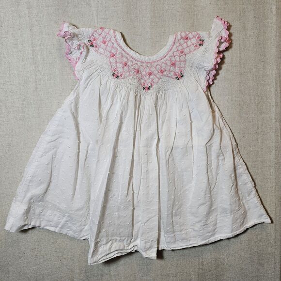 Sweet Southern Smock White Swiss Dot Pink Rose Smocking Ruffle Sleeve Girl 2T - Picture 1 of 9